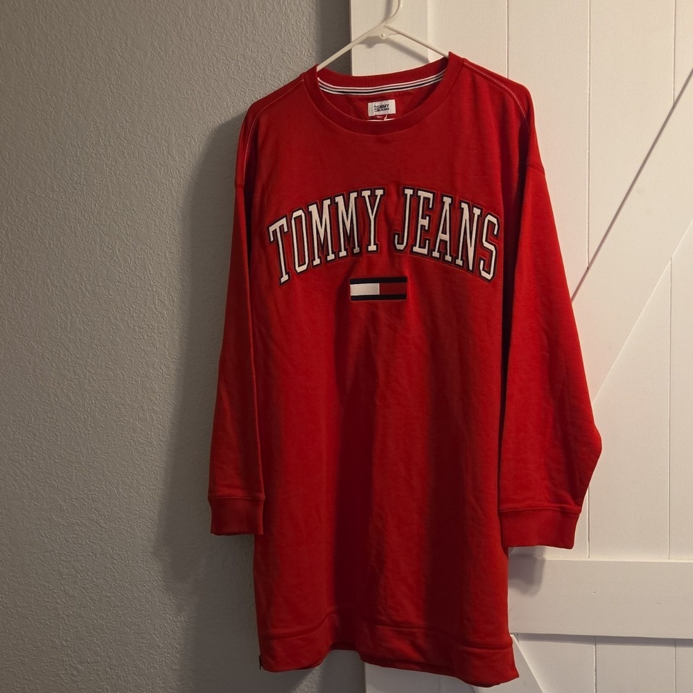 Tommy Jeans Red Organic Cotton Logo Sweatshirt Pullover Crewneck L/G